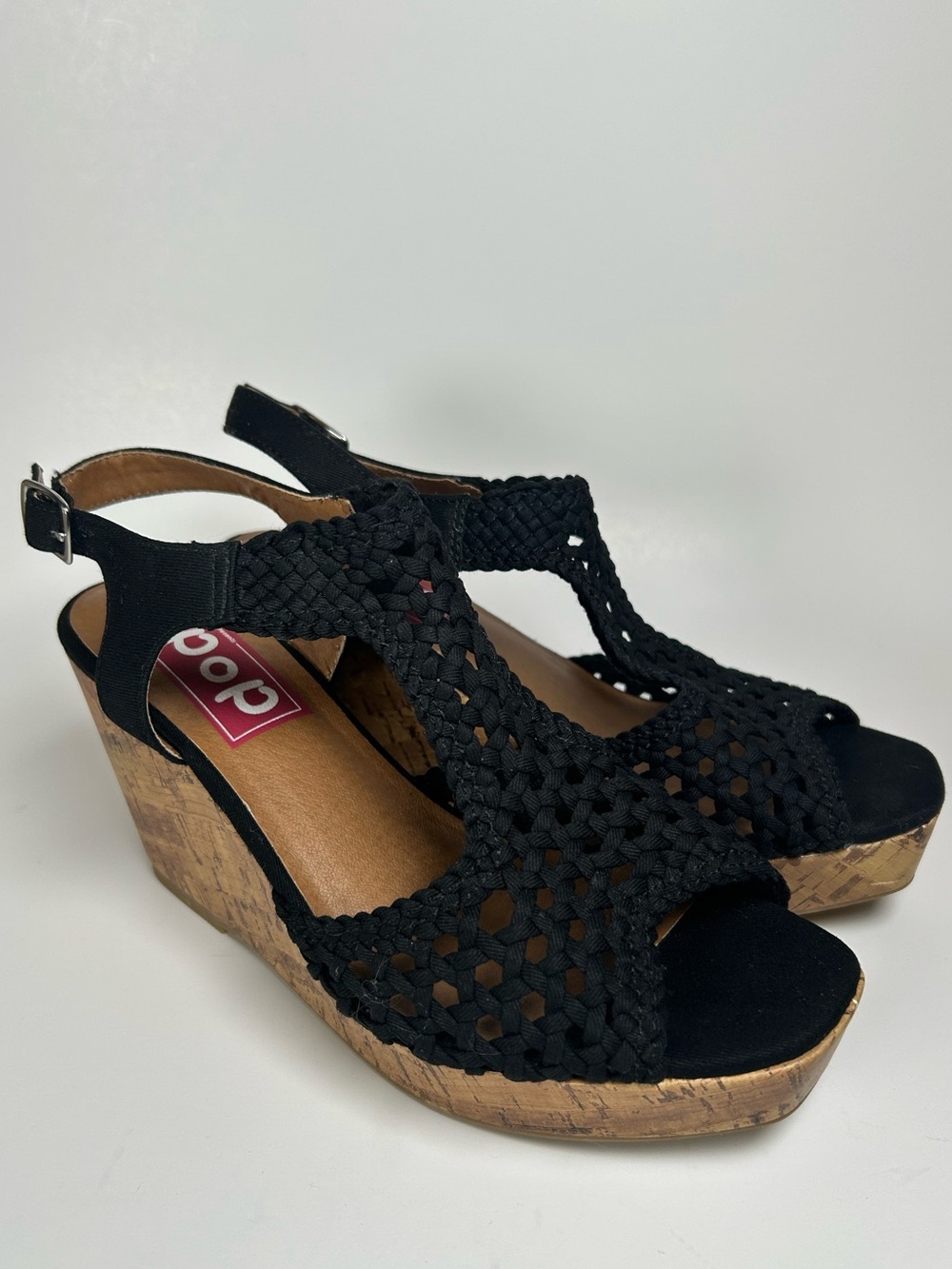 POP by EDL Evie Black Crochet Woven Slingback Wedge Sandals Size 8.5 M